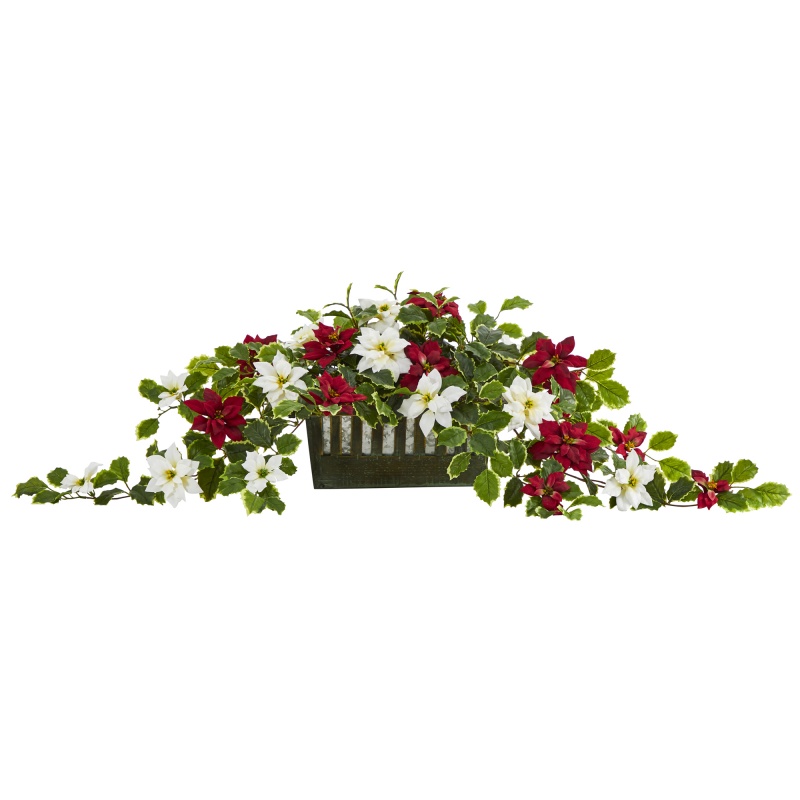 39” Poinsettia And Variegated Holly Artificial Plant In Decorative Planter