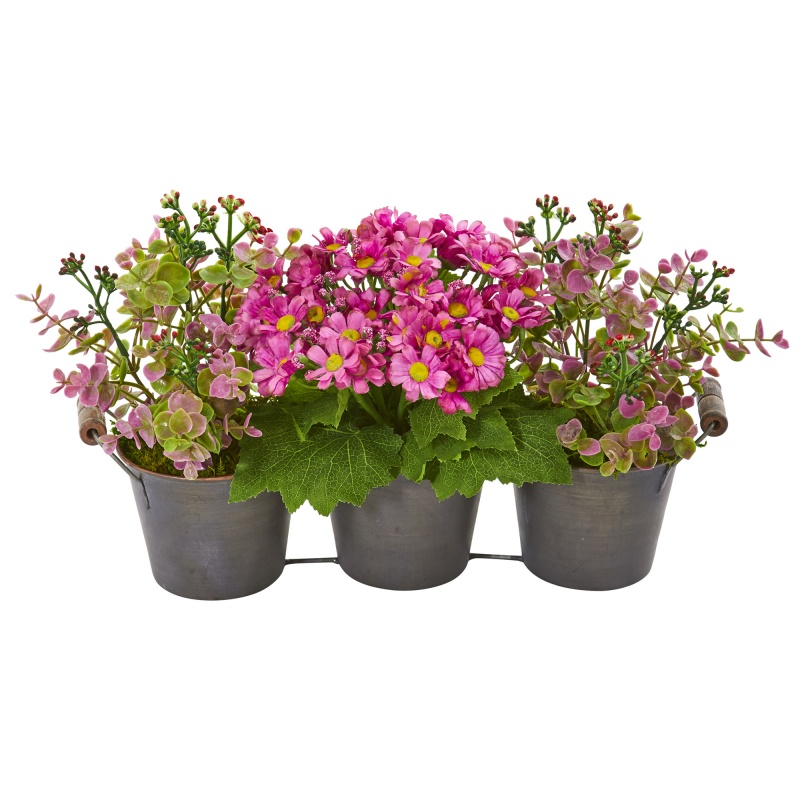 Triple Potted Daisy and Eucalyptus Artificial Arrangement