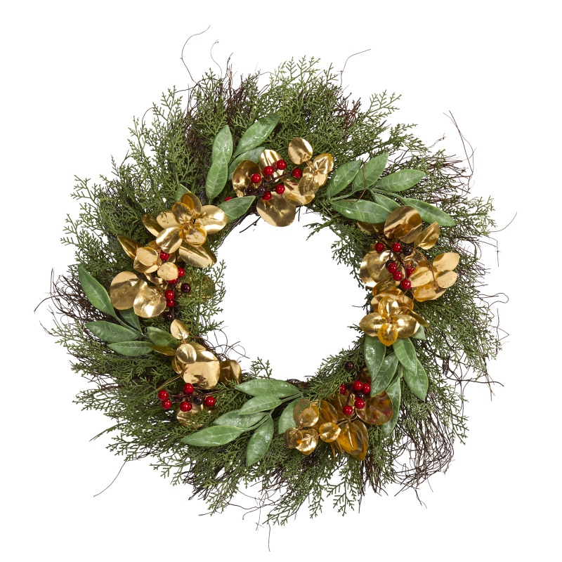 20” Cedar, Ruscus, Berries And Golden Eucalyptus Artificial Wreath