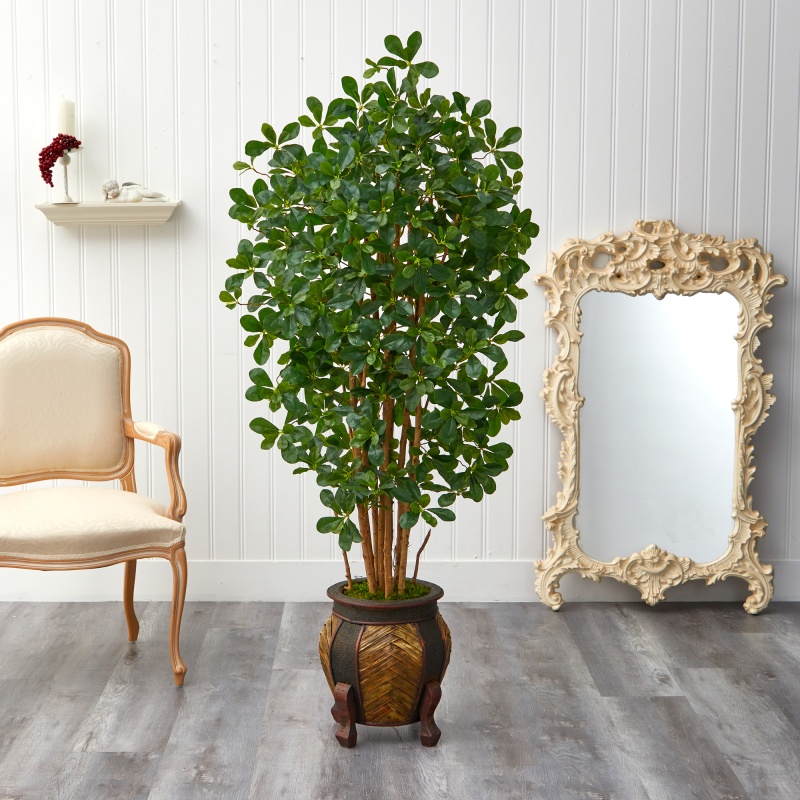 67” Black Olive Artificial Tree With 1365 Bendable Leaves In Decorative Planter