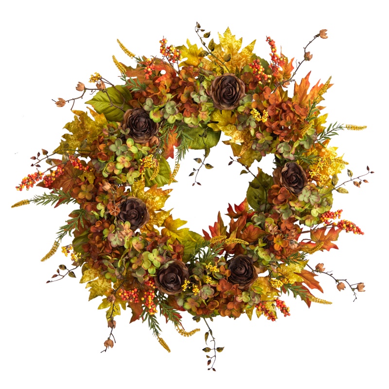 32” Fall Hydrangea, Ranunculus And Maple Leaf Autumn Artificial Wreath
