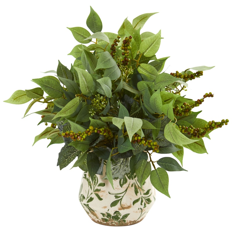 Mixed Ficus, Fittonia And Berries Artificial Plant In Floral Vase