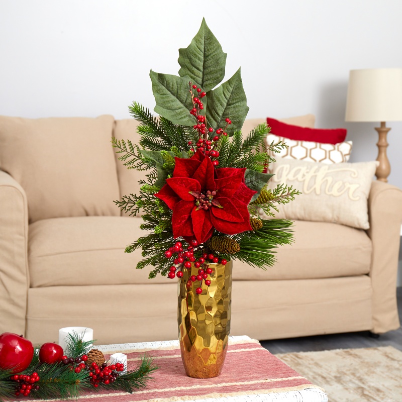 32” Poinsettia, Berries, Pine And Pinecone Artificial Arrangement In Gold Vase