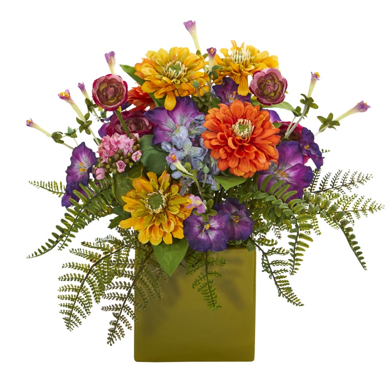 Mixed Floral Artificial Arrangement In Green Vase