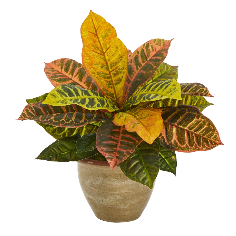 15” Garden Croton Artificial Plant In Ceramic Planter (Real Touch)
