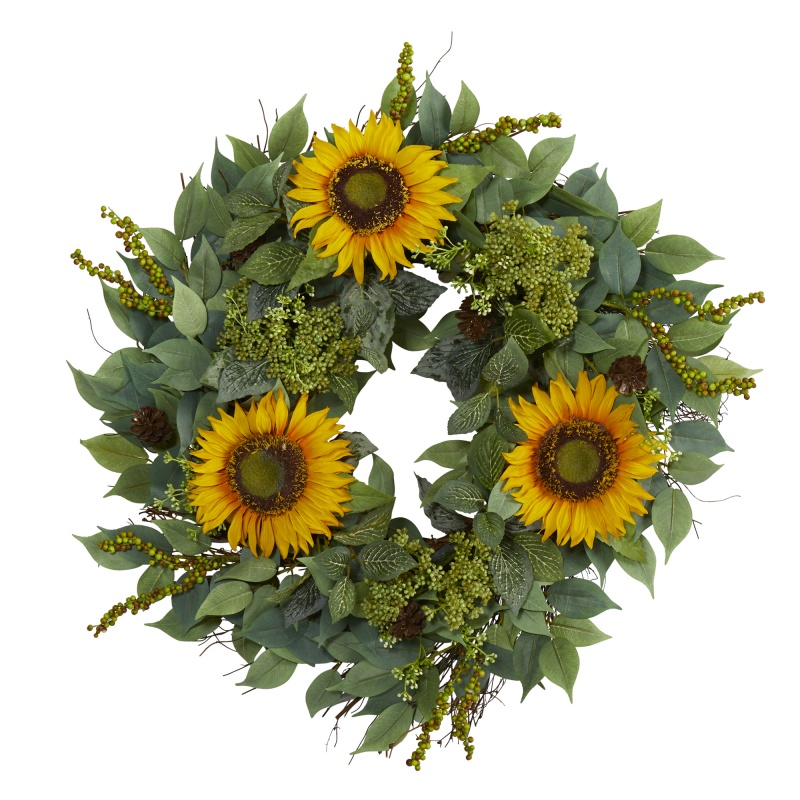 23” Mixed Greens And Sunflower Artificial Wreath