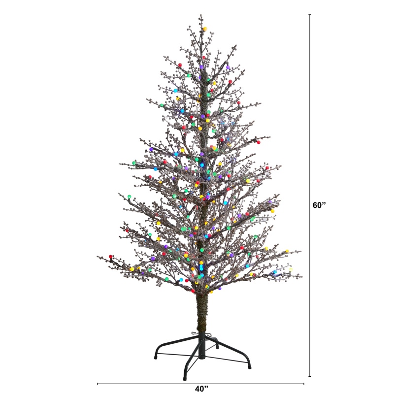 5' Frosted Berry Twig Artificial Christmas Tree With 200 Multicolored Gum Ball Led Lights And 386 Bendable Branches