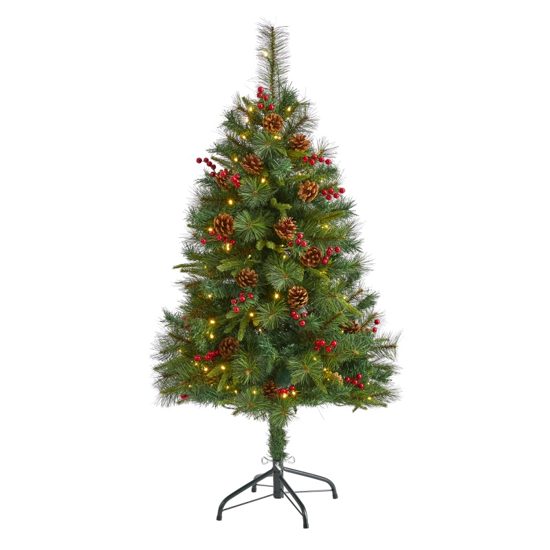 4’ Mixed Pine Artificial Christmas Tree With 100 Clear Led Lights, Pine Cones And Berries