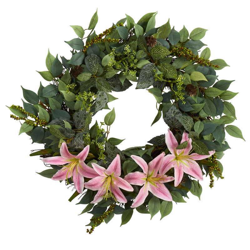 23” Mixed Ruscus, Lily, Fittonia And Berries Artificial Wreath
