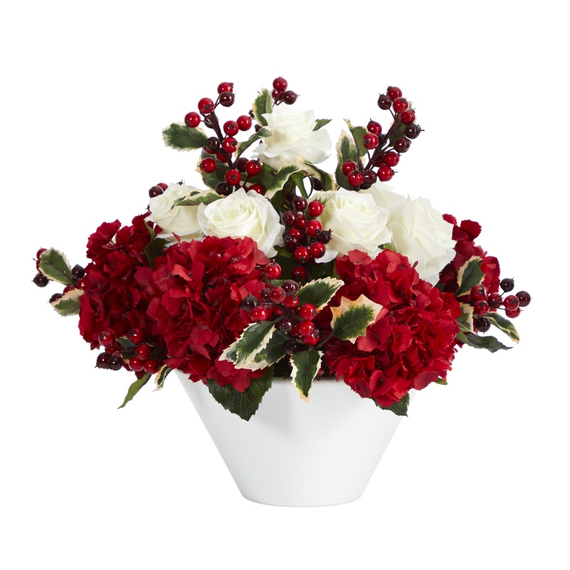 17” Rose, Hydrangea And Holly Berry Artificial Arrangement In White Vase