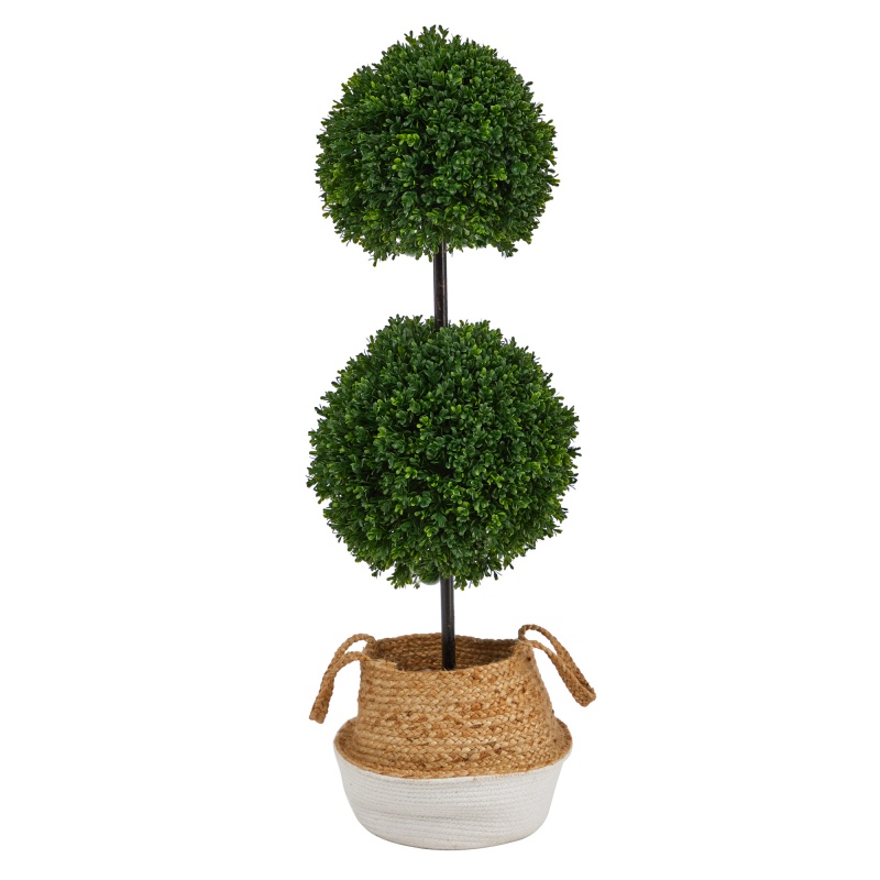 3.5’ Boxwood Double Ball Topiary Tree In Boho Chic Handmade Cotton & Jute Planter Uv Resistant