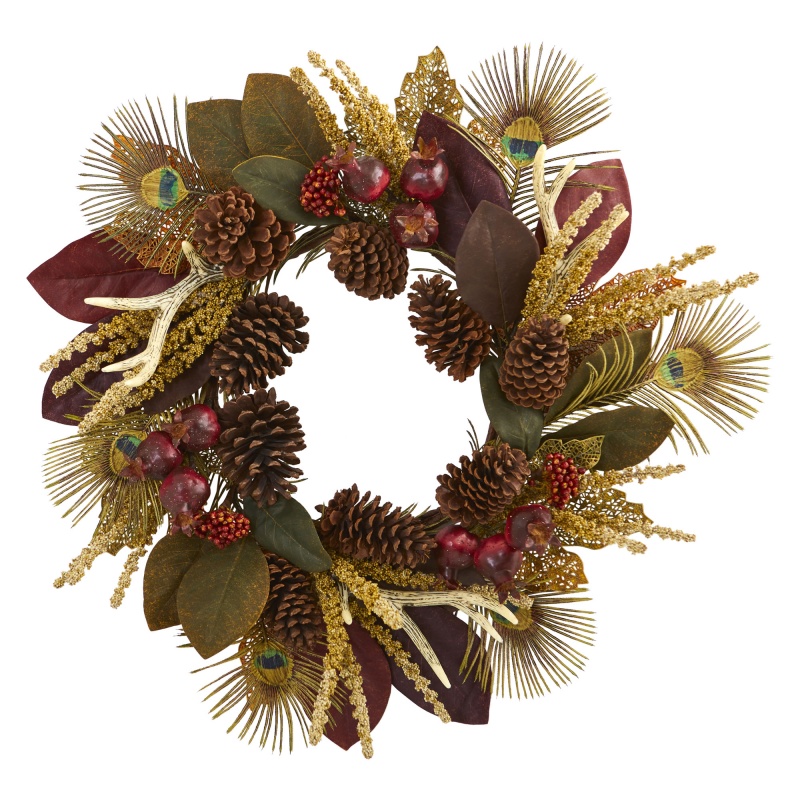 27” Magnolia Leaf, Berry, Antler And Peacock Feather Artificial Wreath