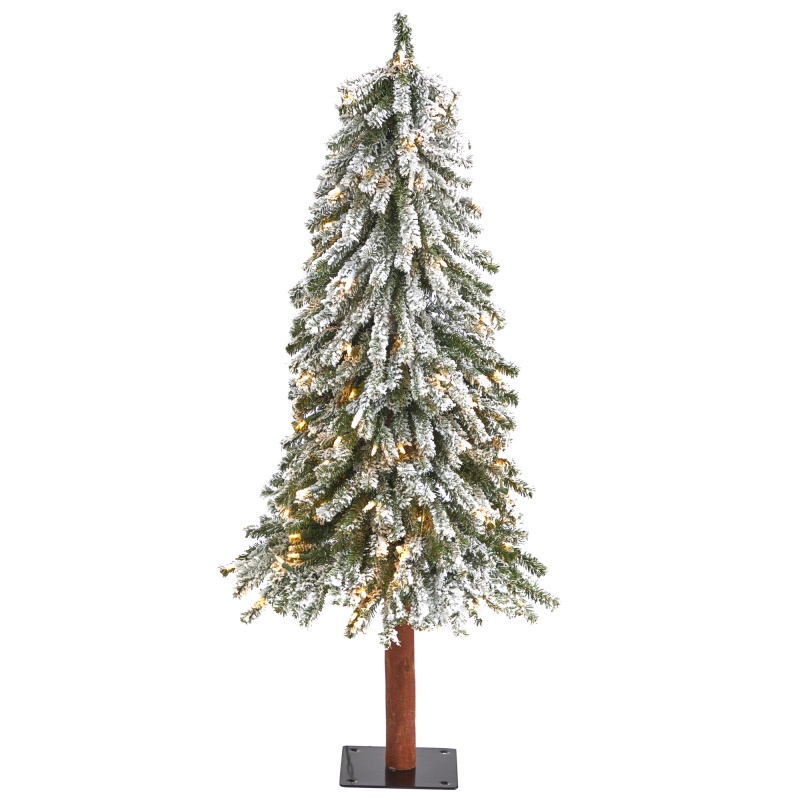 4’ Flocked Grand Alpine Artificial Christmas Tree With 100 Lights And 361 Branches On Natural Trunk