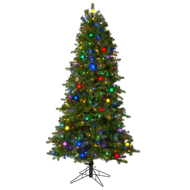 6.5' Montana Mountain Fir Artificial Christmas Tree With 450 Multi Color Led Lights And Instant Connect Technology, 45 Globe Bulbs And 1042 Bendable Branches
