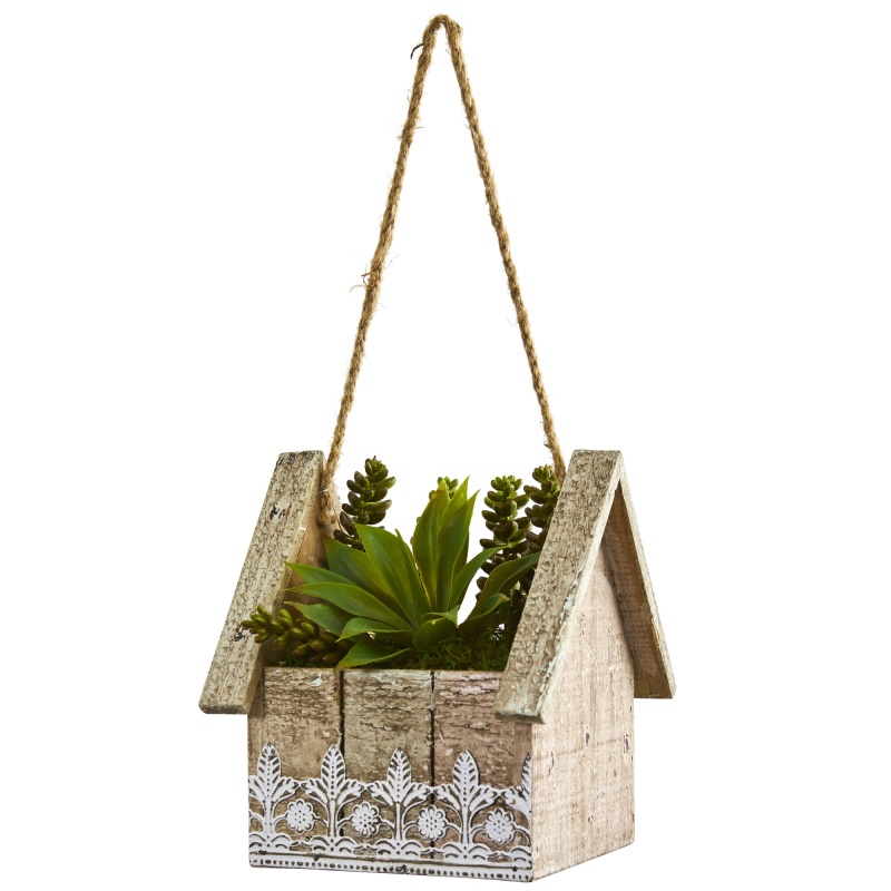 Succulent Garden Artificial Plant In Birdhouse Hanging Planter