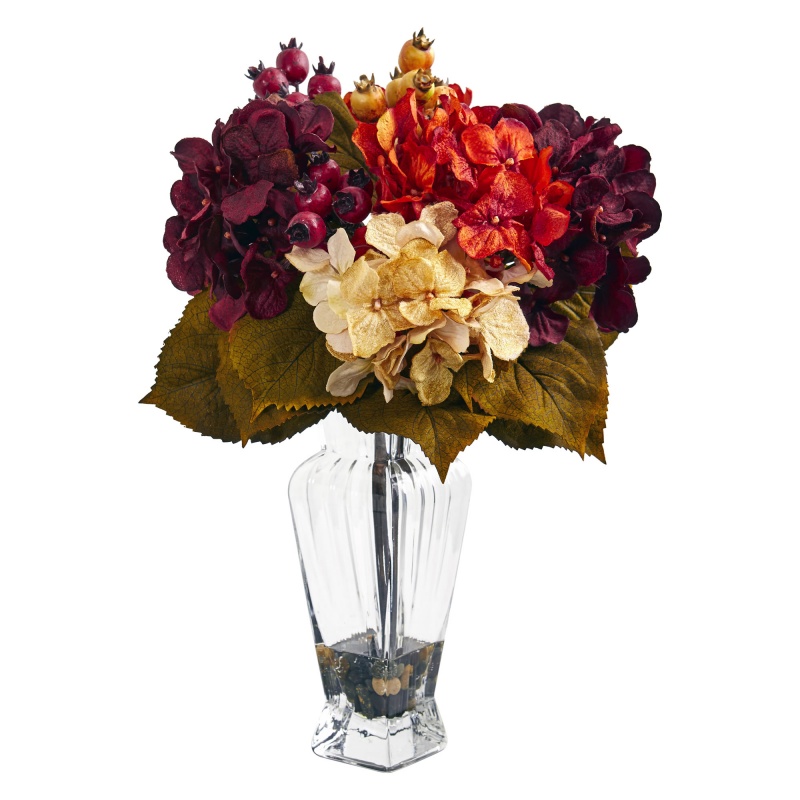Autumn Hydrangea Berry Artificial Arrangement In Glass Vase