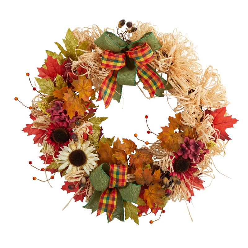 30” Harvest Autumn Sunflower, Maple Leaves and Berries Artificial Fall Wreath