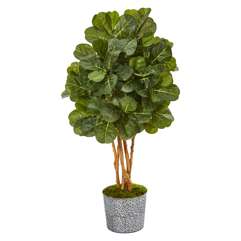 50” Artificial Fiddle Leaf Fig Tree in Tin Planter with Black Pattern