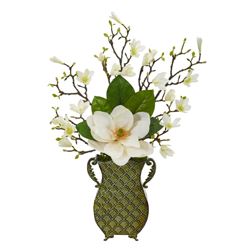 Magnolia Artificial Arrangement In Metal Vase