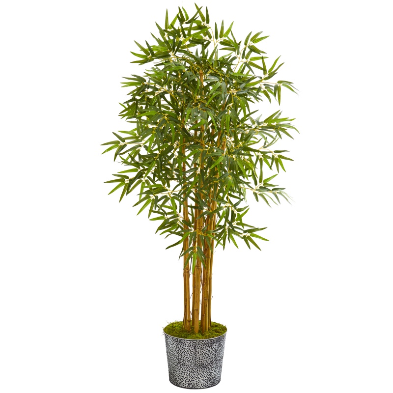 5’ Bamboo Artificial Tree In Black Embossed Tin Planter