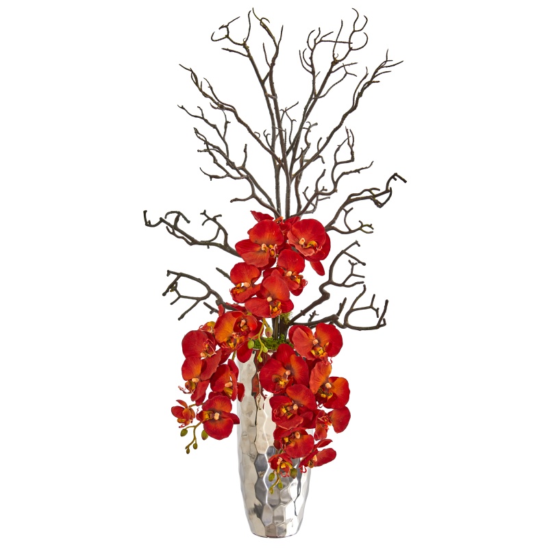 Autumn Phalaenopsis Artificial Arrangement In Silver Vase