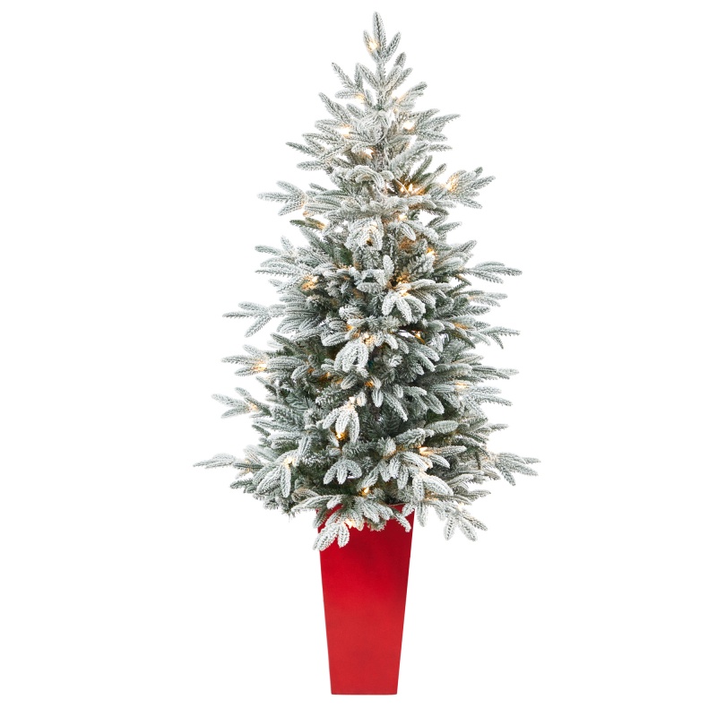 5’ Flocked Manchester Spruce Artificial Christmas Tree With 100 Lights And 357 Bendable Branches In Red Tower Planter
