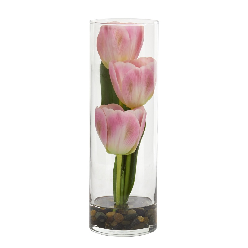 10” Tulips Artificial Arrangement In Cylinder Vase