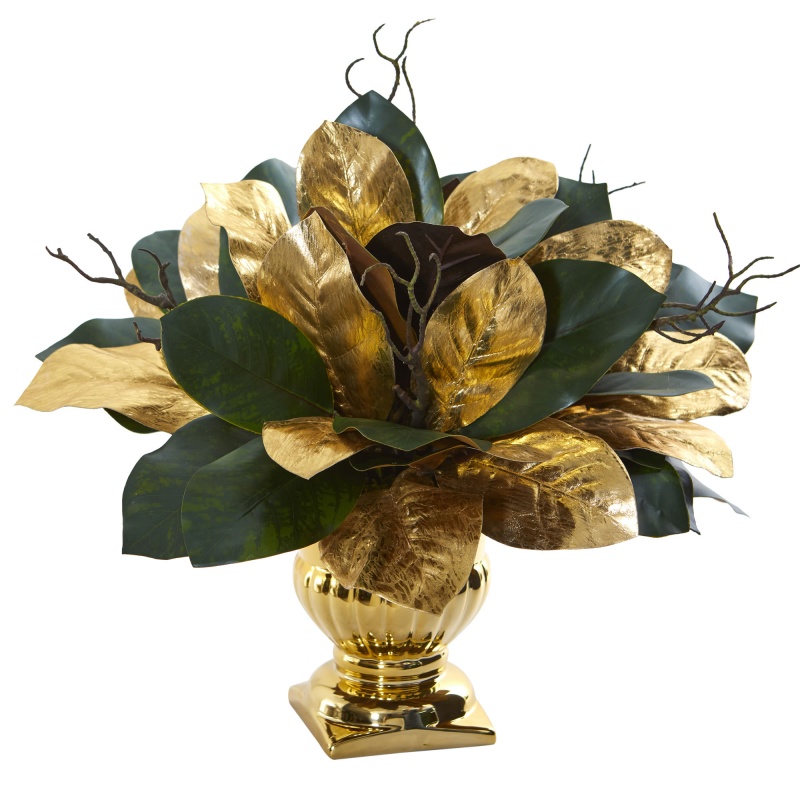 18” Magnolia Leaf Artificial Arrangement In Gold Planter