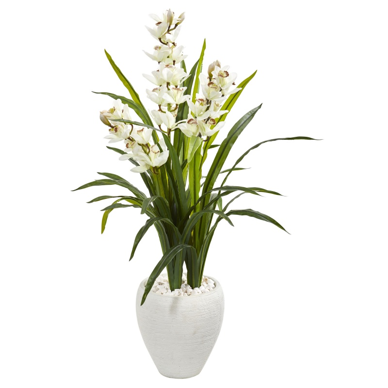4’ Cymbidium Orchid Artificial Plant In White Planter