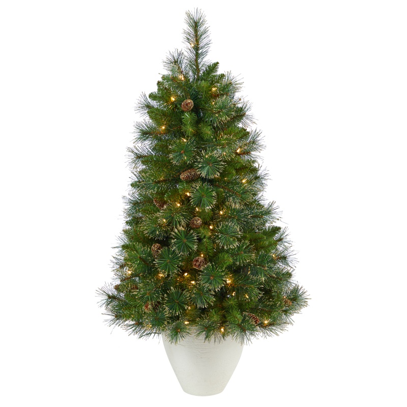50” Golden Tip Washington Pine Artificial Christmas Tree With 100 Clear Lights, Pine Cones And 336 Bendable Branches In White Planter