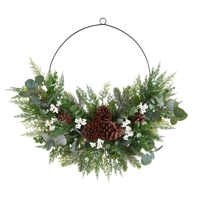 28” Christmas Pine, Eucalyptus, And Berries Metal Circlet Artificial Wreath