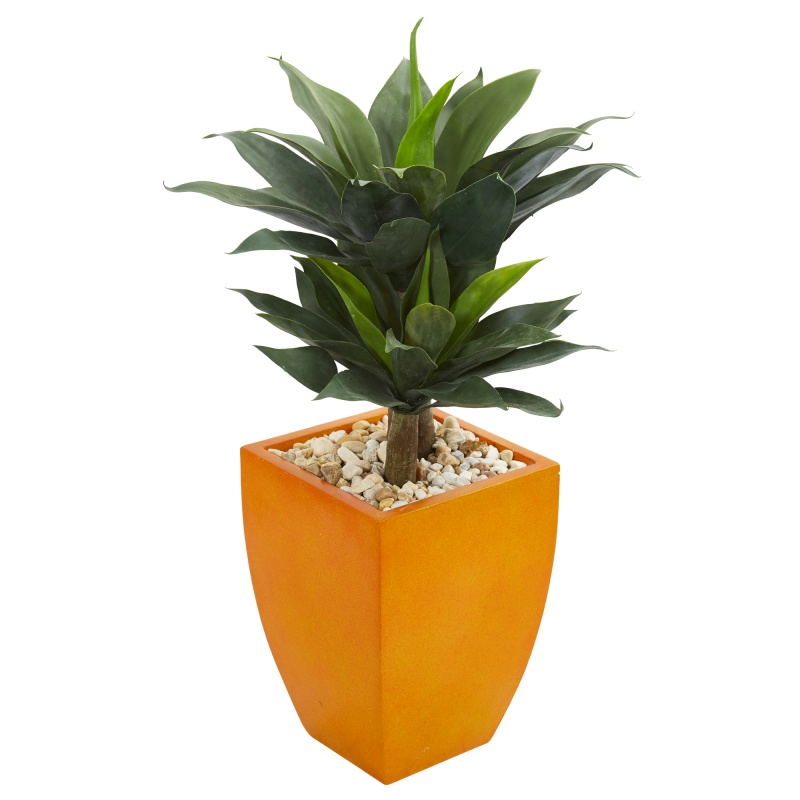 3’ Double Agave Succulent Artificial Plant In Orange Planter