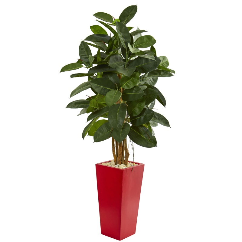 5’ Rubber Leaf Artificial Tree In Red Tower Planter