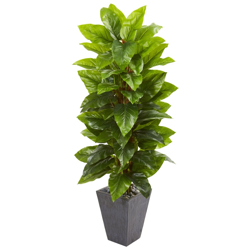 5’ Large Leaf Philodendron Artificial Plant In Slate Planter (Real Touch)