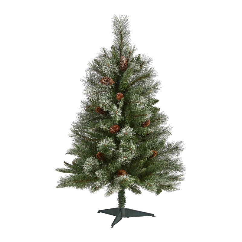 3’ Snowed French Alps Mountain Pine Artificial Christmas Tree With 135 Bendable Branches And Pine Cones