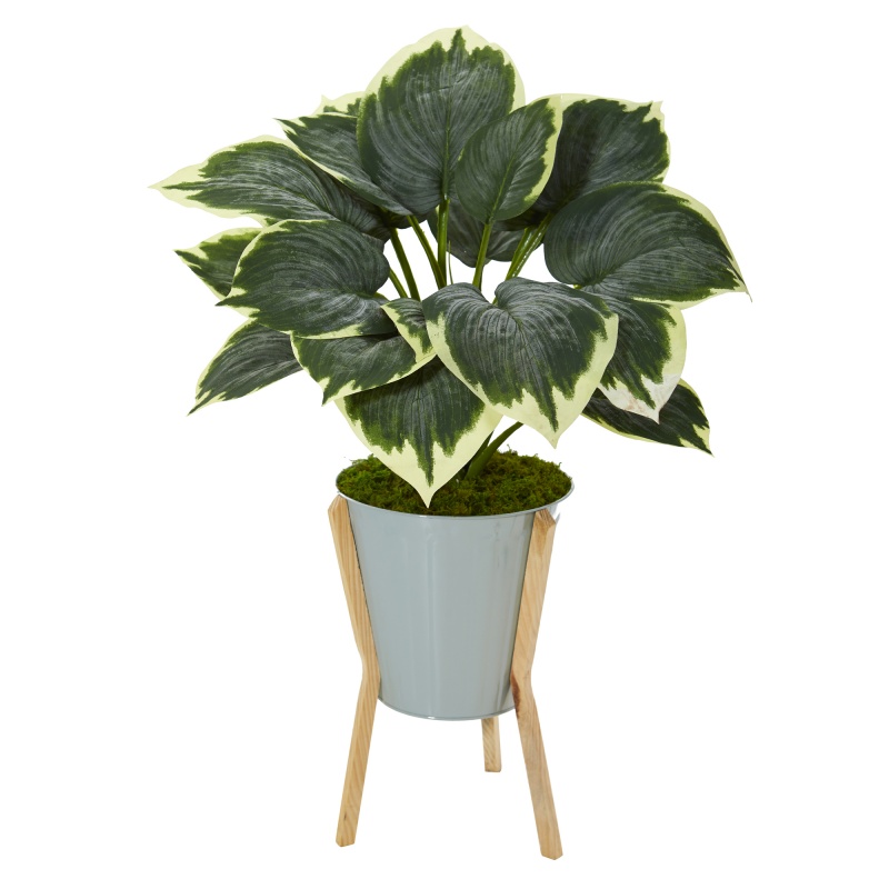 28” Variegated Hosta Artificial Plant In Green Planter With Stand