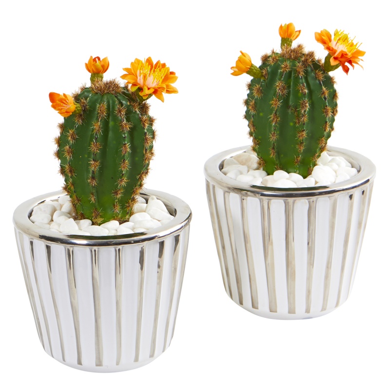 8” Flowering Cactus Artificial Plant In Decorative Planter (Set Of 2)