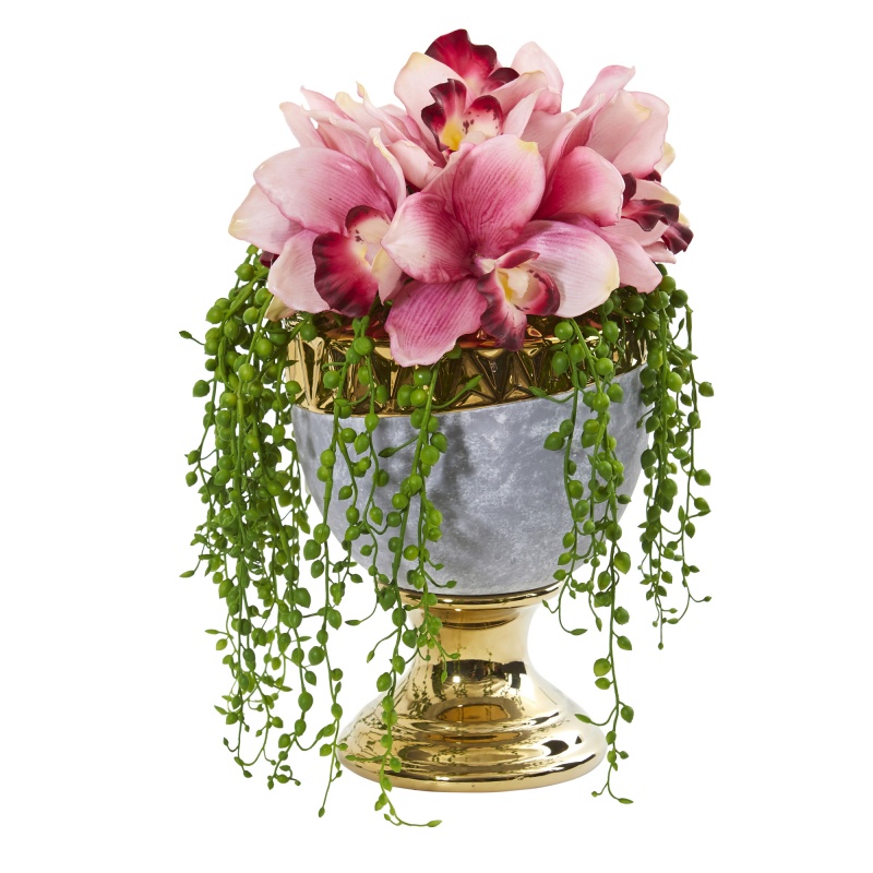 13” Cymbidium Orchid Artificial Arrangement In Designer Urn