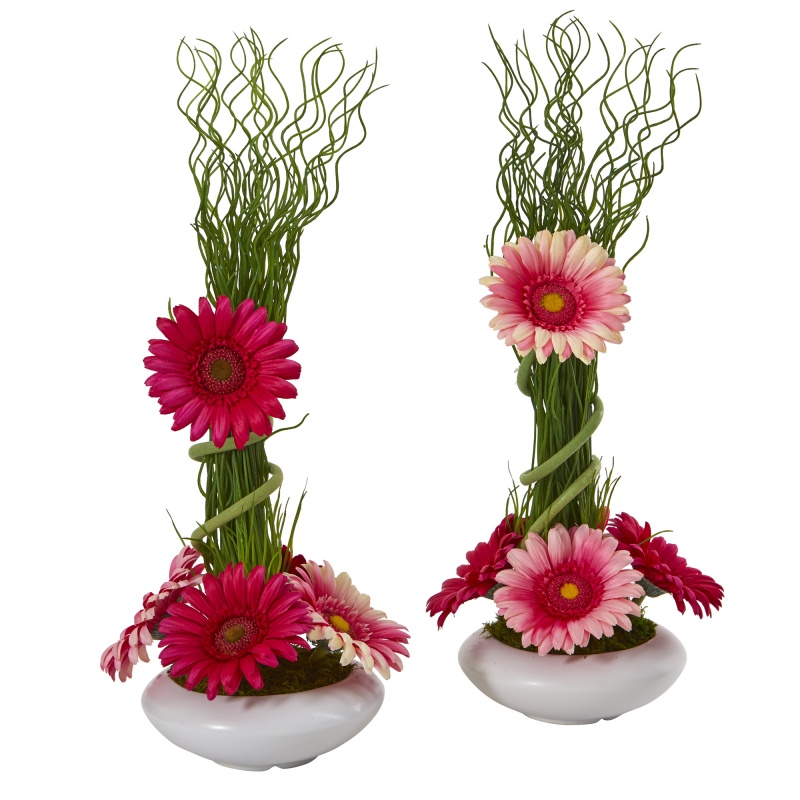 18” Gerber Daisy And Grass Artificial Arrangement In White Vase (Set Of 2)