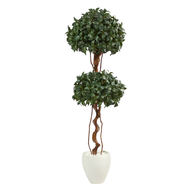 5.5’ Sweet Bay Double Ball Topiary Artificial Tree in White Planter