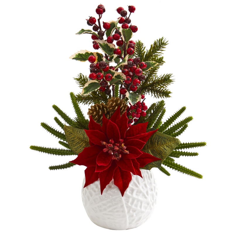 18” Poinsettia, Cactus And Holly Berry Christmas Artificial Arrangement In White Vase