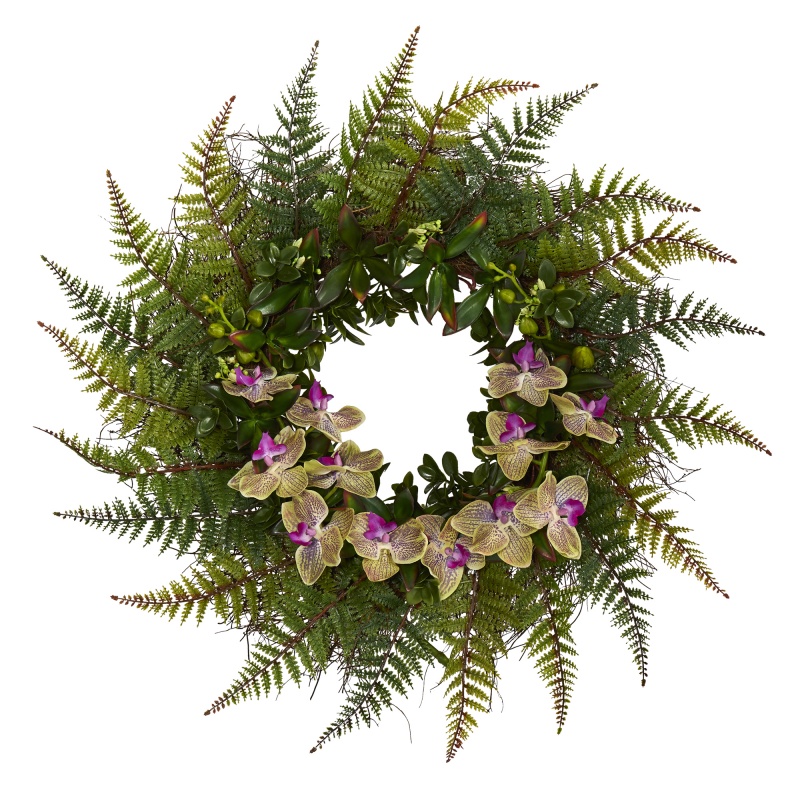 23” Fern And Phalaenopsis Orchid Artificial Wreath