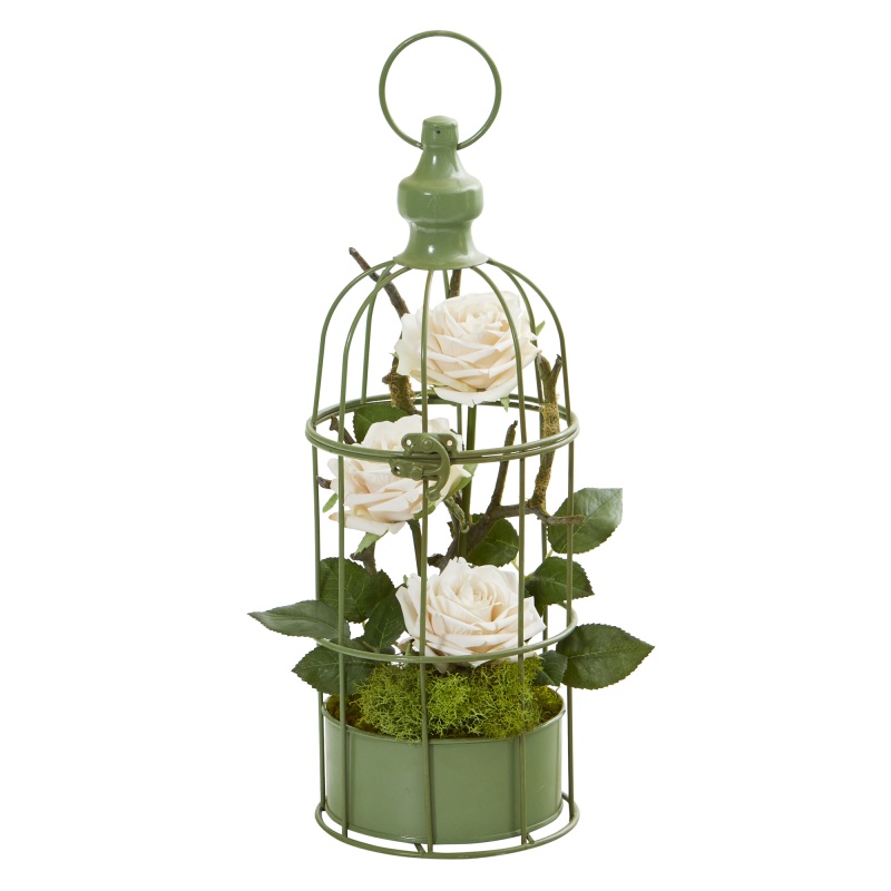 15” Triple Rose Artificial Arrangement in Decorative Cage