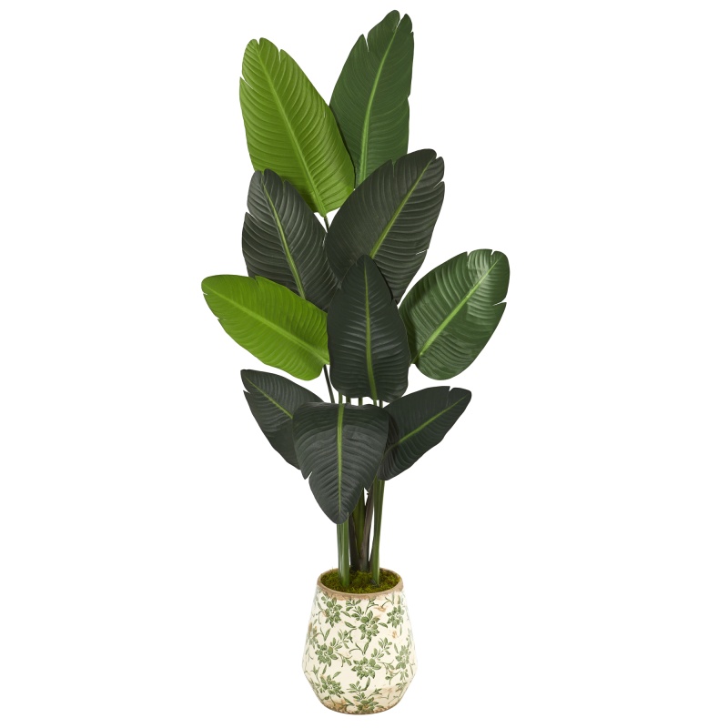 64” Traveler's Palm Artificial Tree In Floral Print Planter