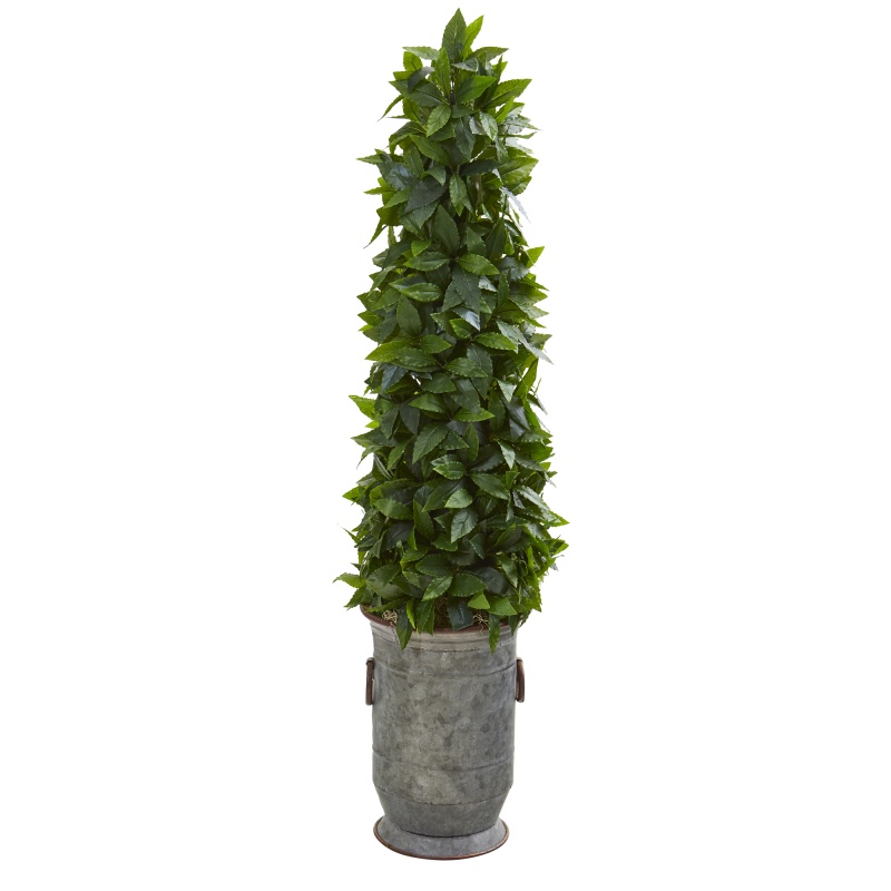 40” Sweet Bay Cone Topiary Artificial Tree In Vintage Metal Planter