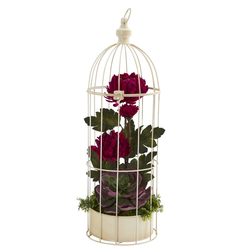 24” Mum And Echeveria Artificial Arrangement In Decorative Cage