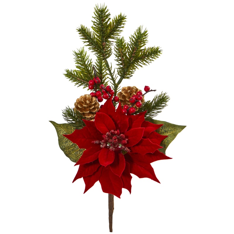 17” Poinsettia, Berry And Pine Artificial Flower Bundle (Set Of 6)