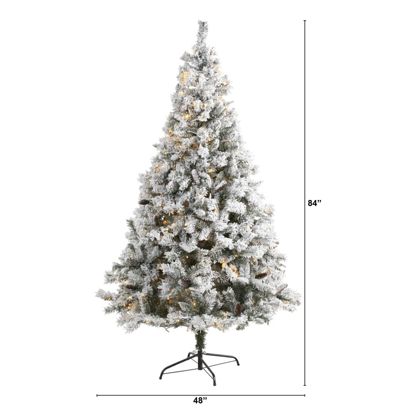 7' Flocked White River Mountain Pine Artificial Christmas Tree With Pinecones And 350 Led Lights