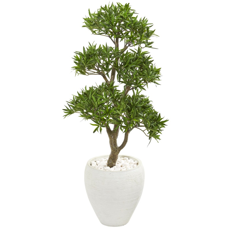 43” Bonsai Styled Podocarpus Artificial Tree In White Planter
