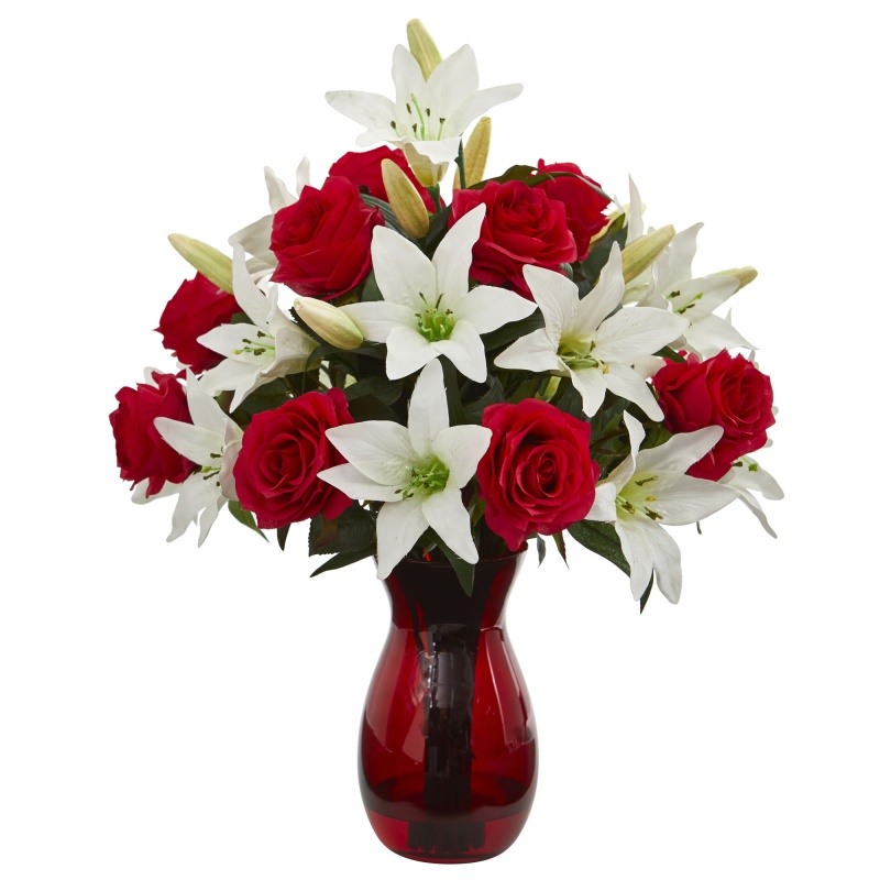 Roses & Lilies Artificial Arrangement In Red Vase